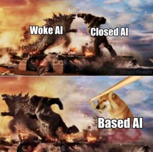 Based AI」を柴犬がバットを持ってやってきて、「Woke AIとClosed AI」の両方を追い払っている様子